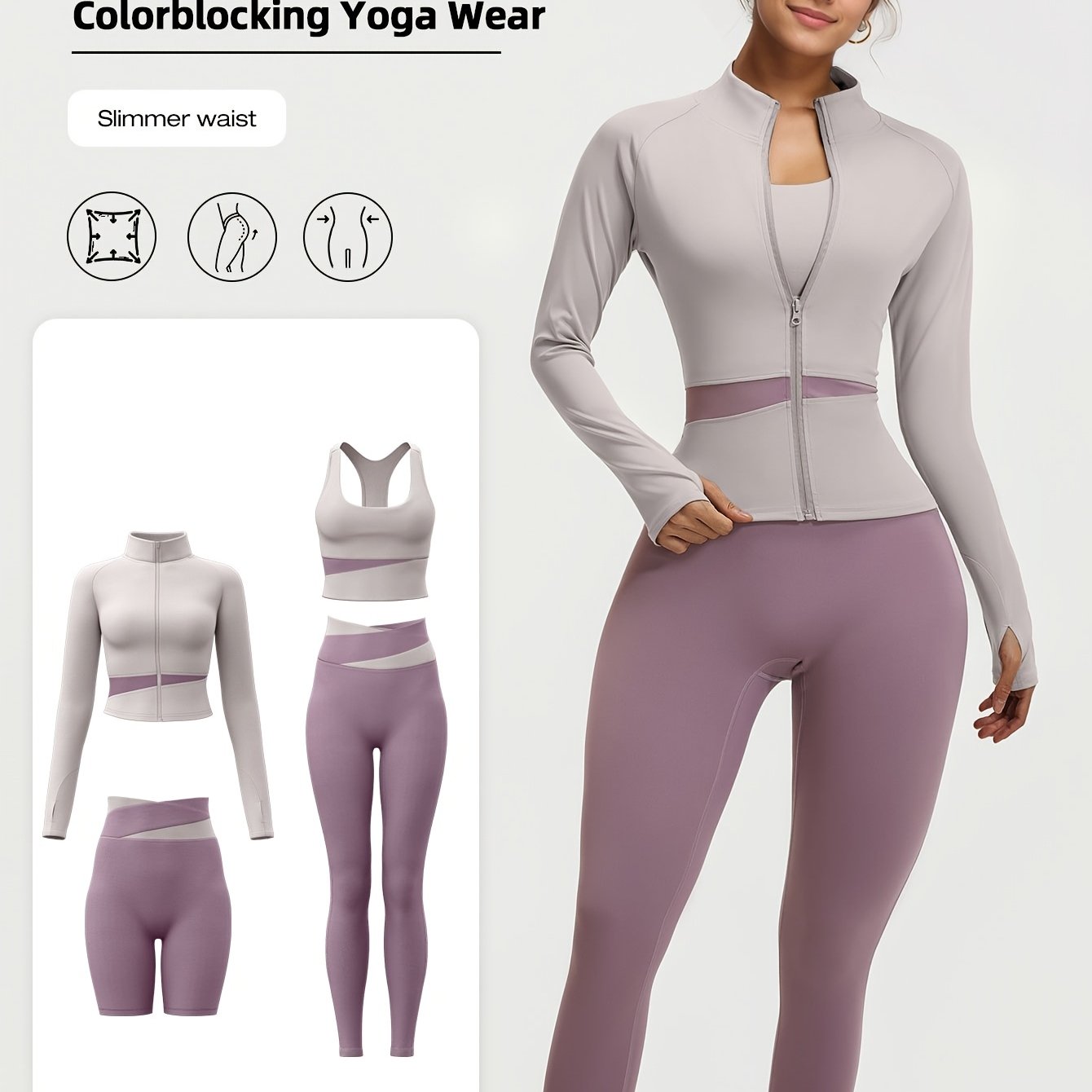 4-piece yoga workout set for women with zipper jacket, leggings, and sports bra in Euro sizes for running and fitness.