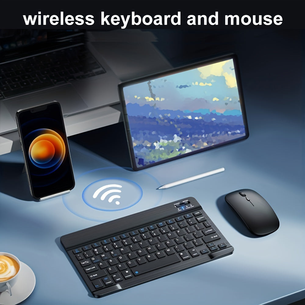 Portable mini wireless keyboard and mouse combo with slim design, rechargeable lithium-polymer battery, and compatibility with various devices. Features optical movement detection, silent