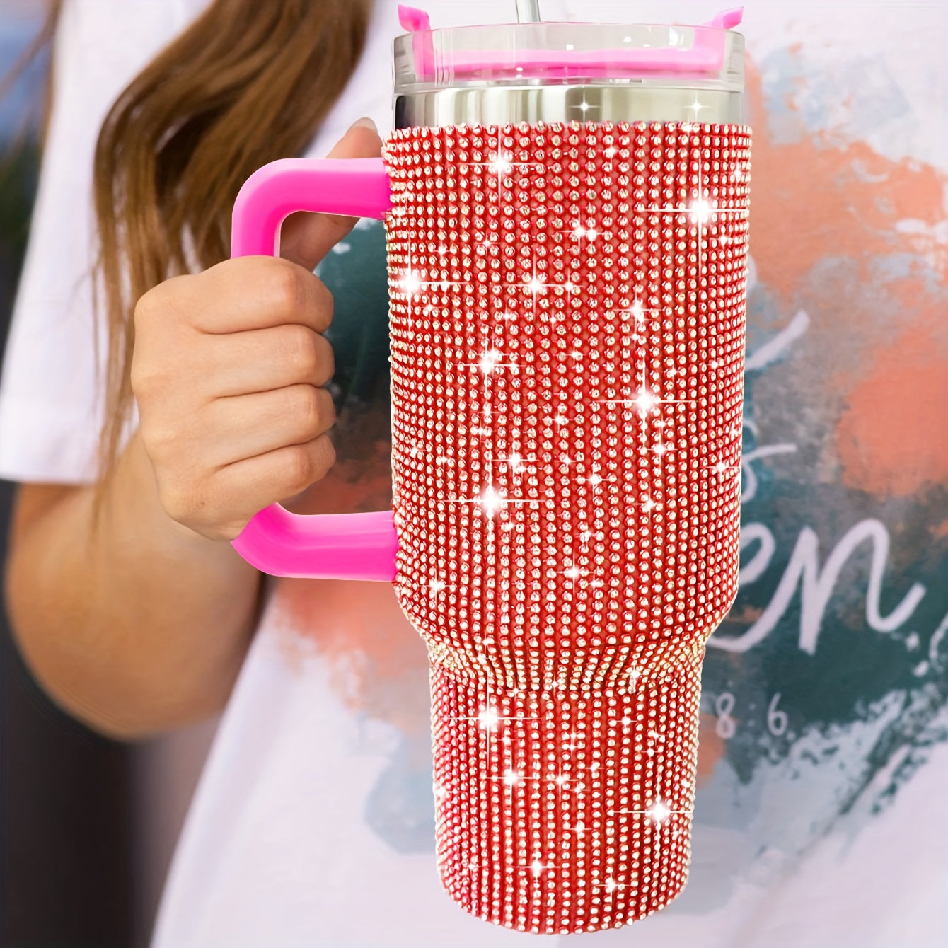 1pc Sparkling Studded Tumbler: Stainless steel, 40oz, insulated with lid and straw. Portable for car, home, office. Great for summer and travel, perfect for birthday gifts.