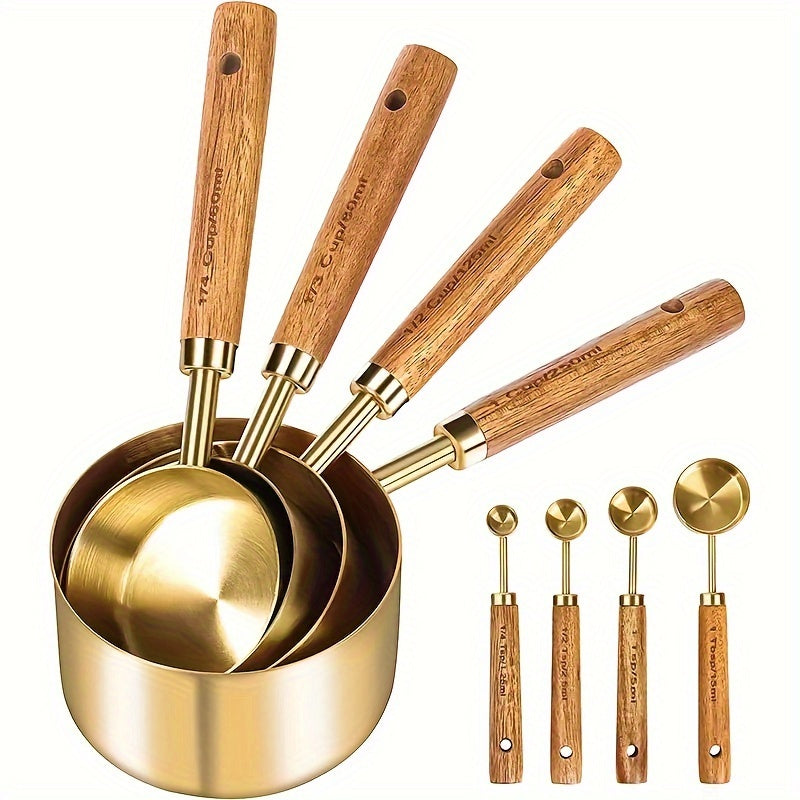 8 piece stainless steel measuring cups and spoons set with durable acacia wood handles, including spice and coffee scoops, nesting design for easy storage.