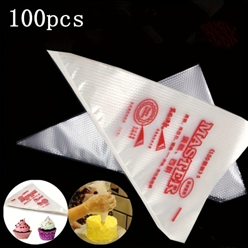 100 premium disposable piping bags for cake decorating made of durable plastic, perfect for use in kitchens and restaurants.