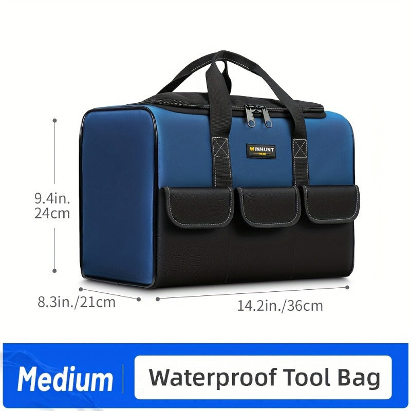 Durable blue tool bag with wide mouth, waterproof and organized for tradesmen.