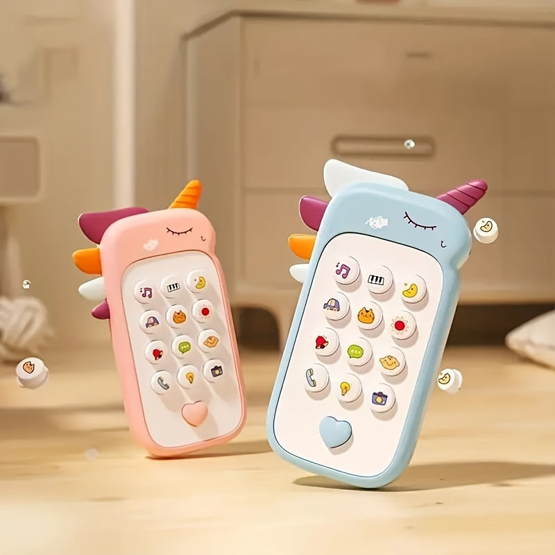 Child-friendly educational toy phone with interactive features, chew-proof design, vibrant colors, music player, storytelling function, made of durable plastic. Includes non-rechargeable AAA batteries.