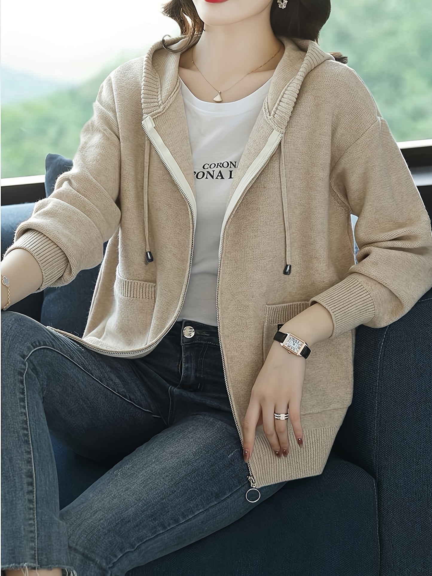 Women's Fashion Zip-Up Hooded Cardigan Sweater - Solid Color, Polyester and Acrylic Blend, Ideal for Spring/Fall/Autumn, Open Front.