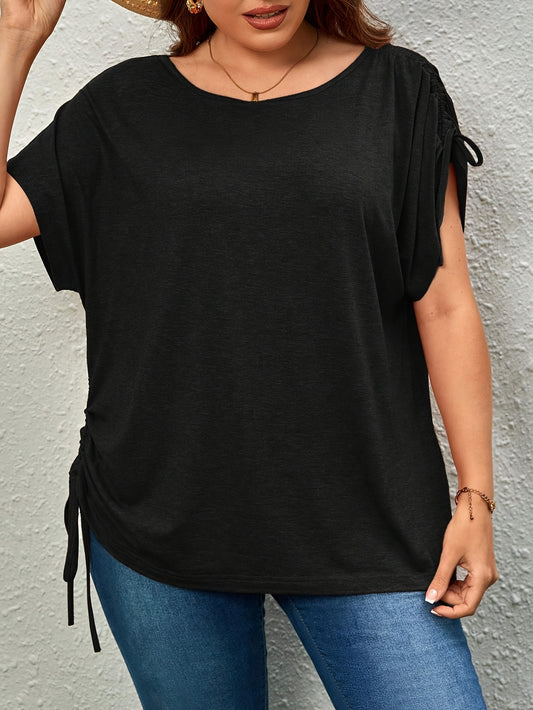 Plus Size Casual T-shirt for Women with Drawstring Ruched Short Sleeves