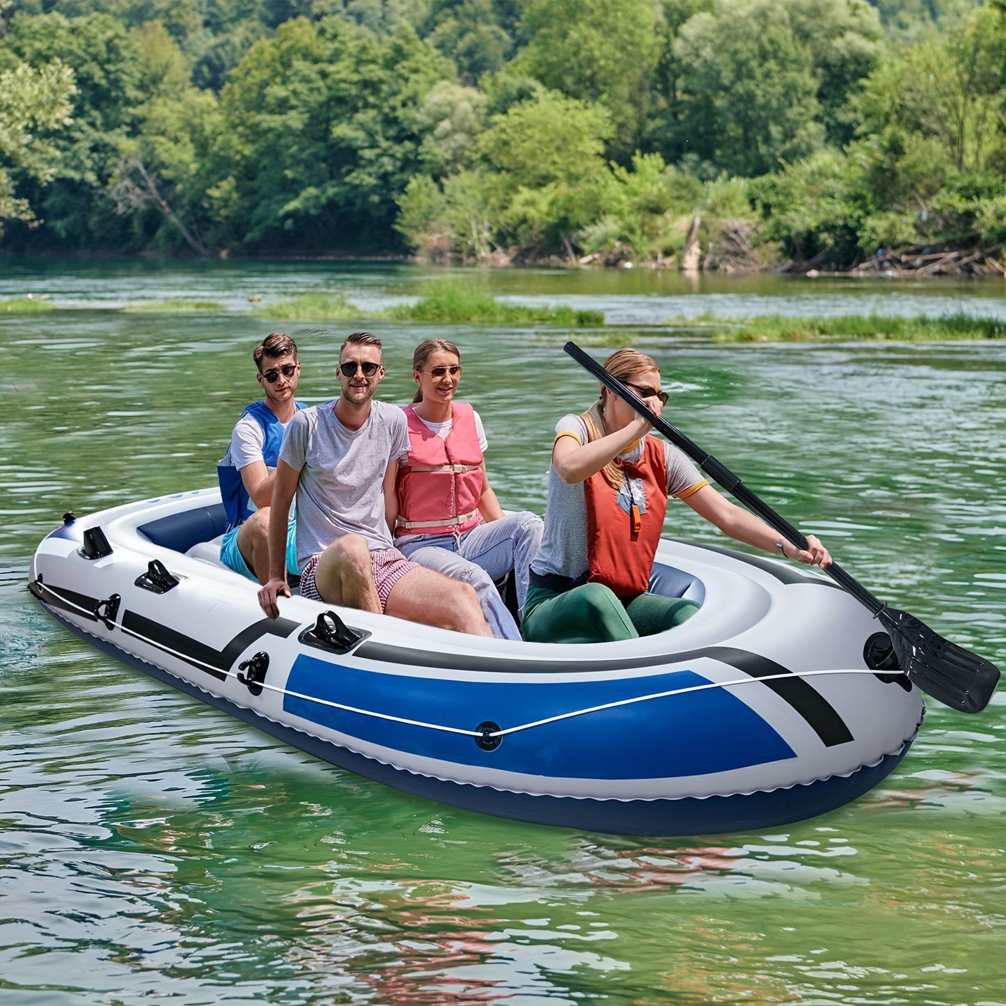 1 pack of blue inflatable fishing kayak with paddle, pump, PVC outdoor fishing raft, and single rudder navigation.