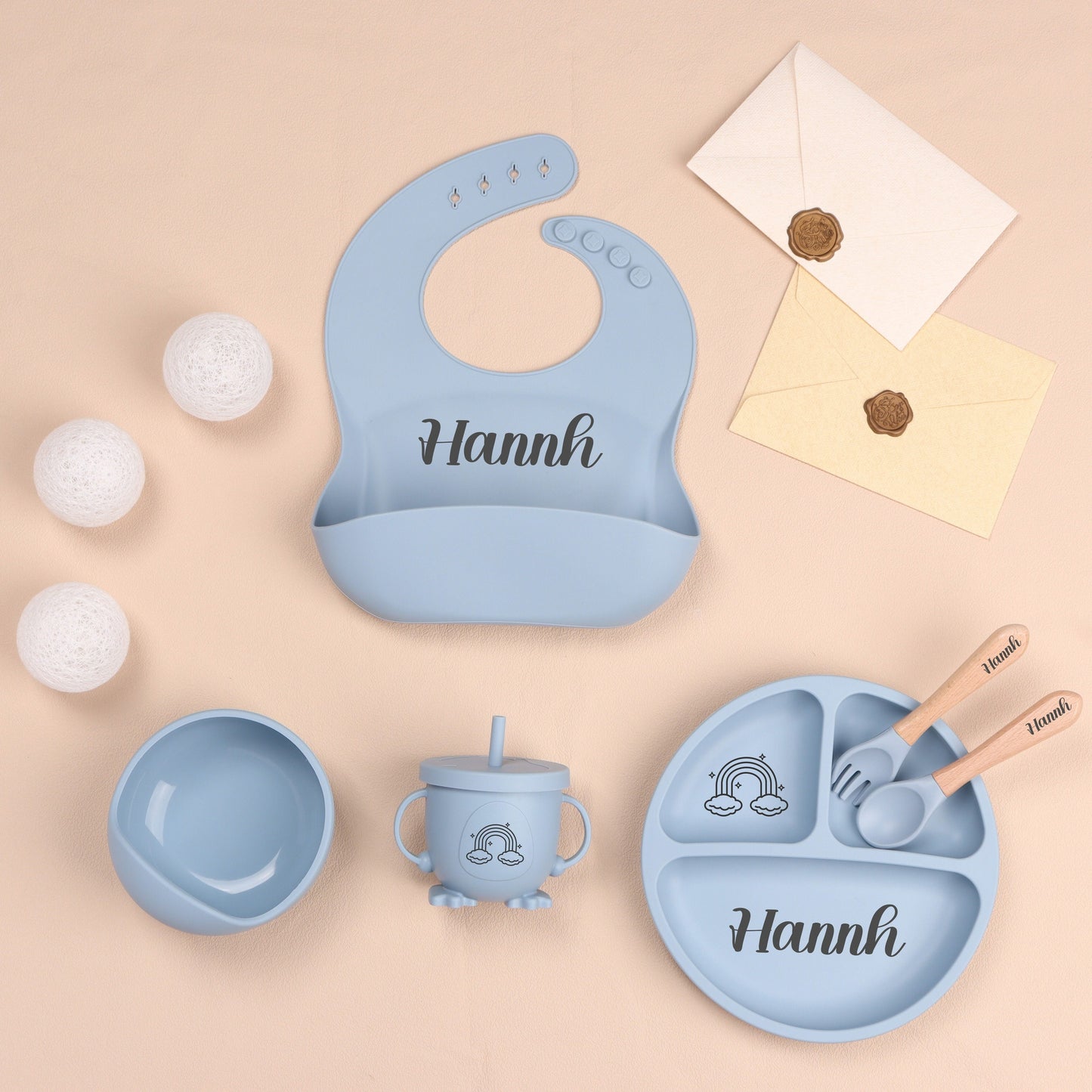 Customized Silicone Feeding Set - Personalized Weaning Set with Child's Name, Including Bowl, Cup, Bib, Spoon, and Fork - Perfect Baby Shower Present for Children Ages 3-6