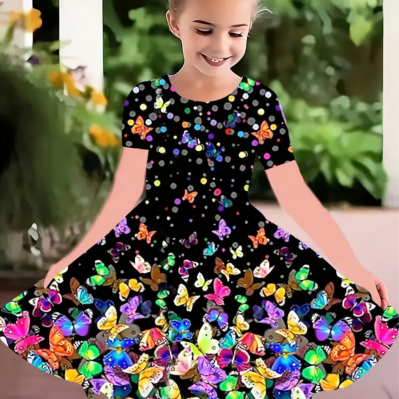 Colorful butterfly print dress for girls, perfect for spring and summer occasions.