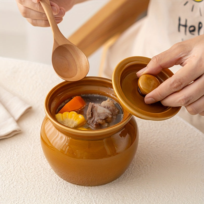 Single serving ceramic stew pot with lid in multiple colors. Leak-proof and food-safe, perfect for soups, steaming eggs, and cooking vegetables. Can also be used for bird's nest dishes and healthy cooking. Comes with the option of a wooden spoon. Great