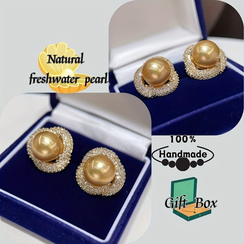 Elegant Wedding Jewelry for Brides: Luxury French-Style 18K Gold Plated Sterling Silver Stud Earrings adorned with Natural Freshwater Pearl. Perfect for Banquets, Christmas, and All Season Gifts. Includes a Random Gift Box.