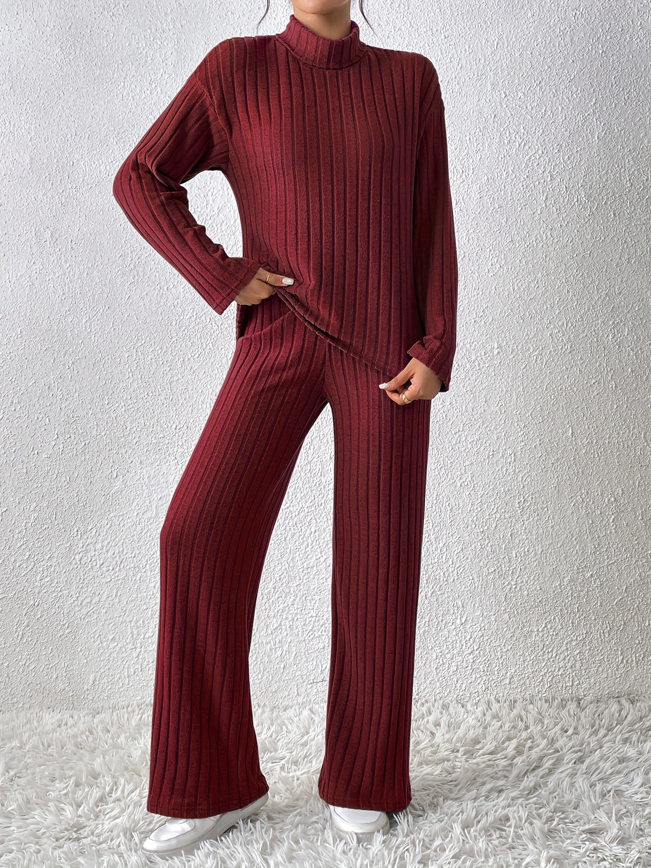 Winter Women's Casual Suit with Fur and Ribbed High Collar, Long Sleeve Top, and Straight Loose Pants Set