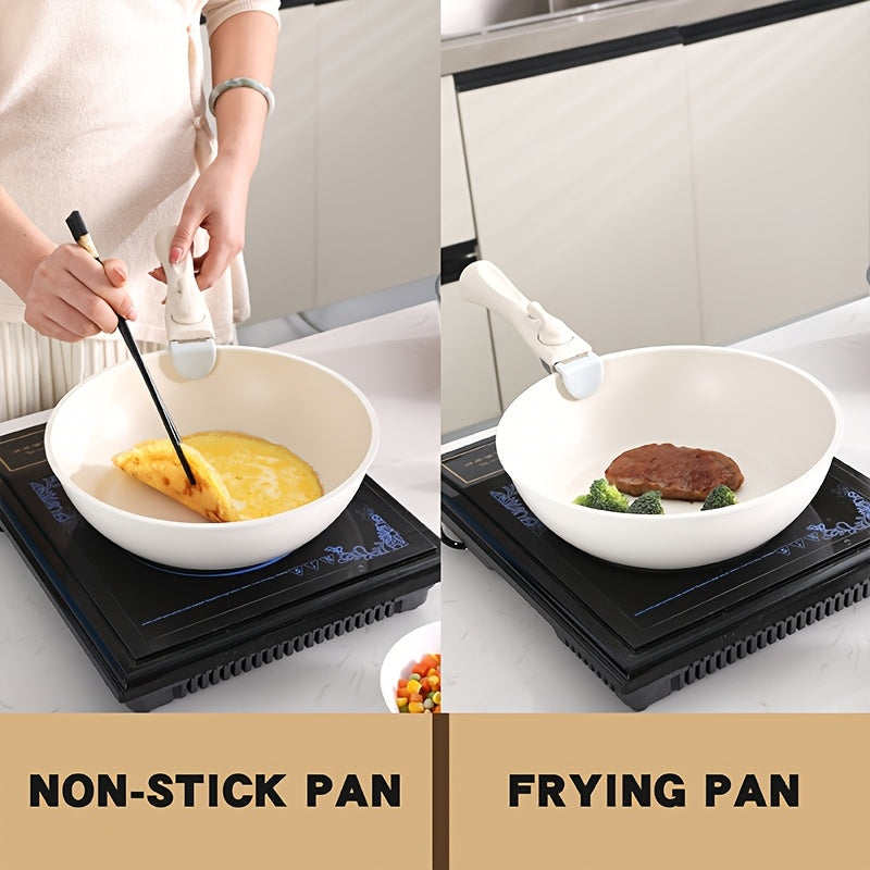 Cookware set featuring five pieces of non-stick aluminum pots and pans, complete with a removable handle and stackable design. Includes tempered glass lids for each piece, suitable for home use. Set includes a 20cm soup pot and a 26cm frying pan, both