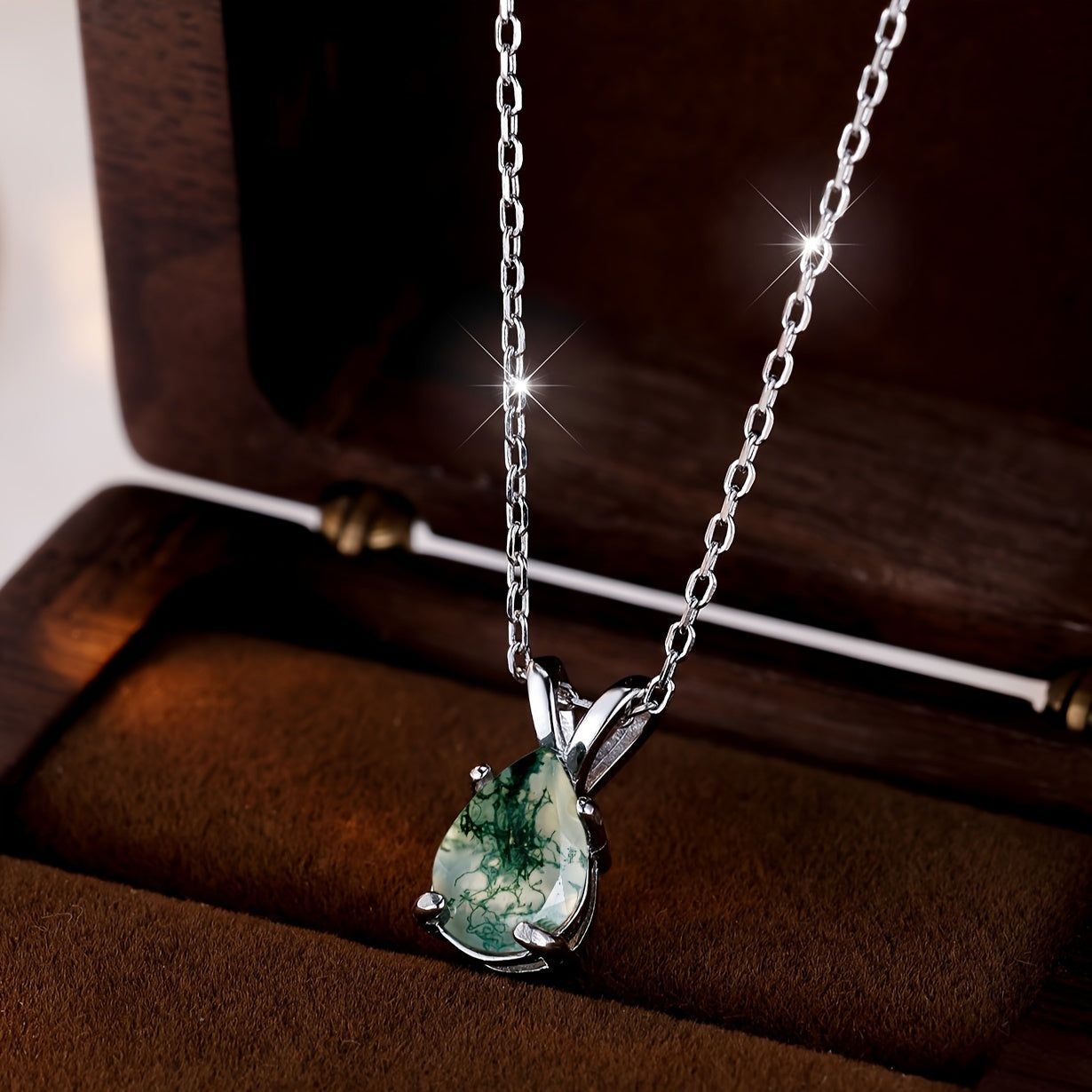 Moss Agate Pendant Necklace made from Green Natural Stone, set in 925 Sterling Silver with an Adjustable Neck Chain for Decoration.