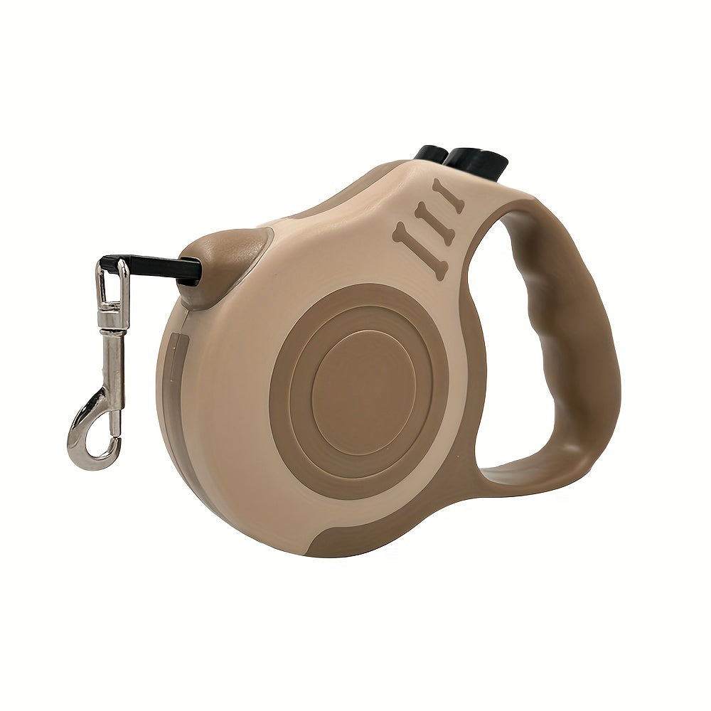 Sturdy dual-switch retractable dog leash offers easy control and comfortable grip.