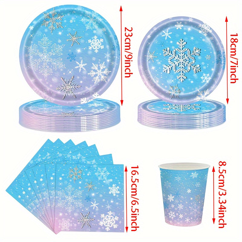 Frozen themed party tableware for 10 guests, including snowflake plates, cups, napkins, and dinnerware set. Perfect for a holiday birthday party or Christmas winter wonderland celebration. Ideal for Frozen birthday party decorations.