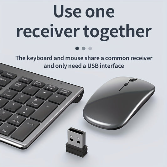 Rechargeable full-size wireless keyboard and mouse combo for multiple devices.