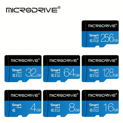 Microdrive Blue Class 10 TF Memory Card is available in 32GB, 64GB, 128GB, and 256GB with U3 support, includes an SD adapter for smartphones and DVRs.