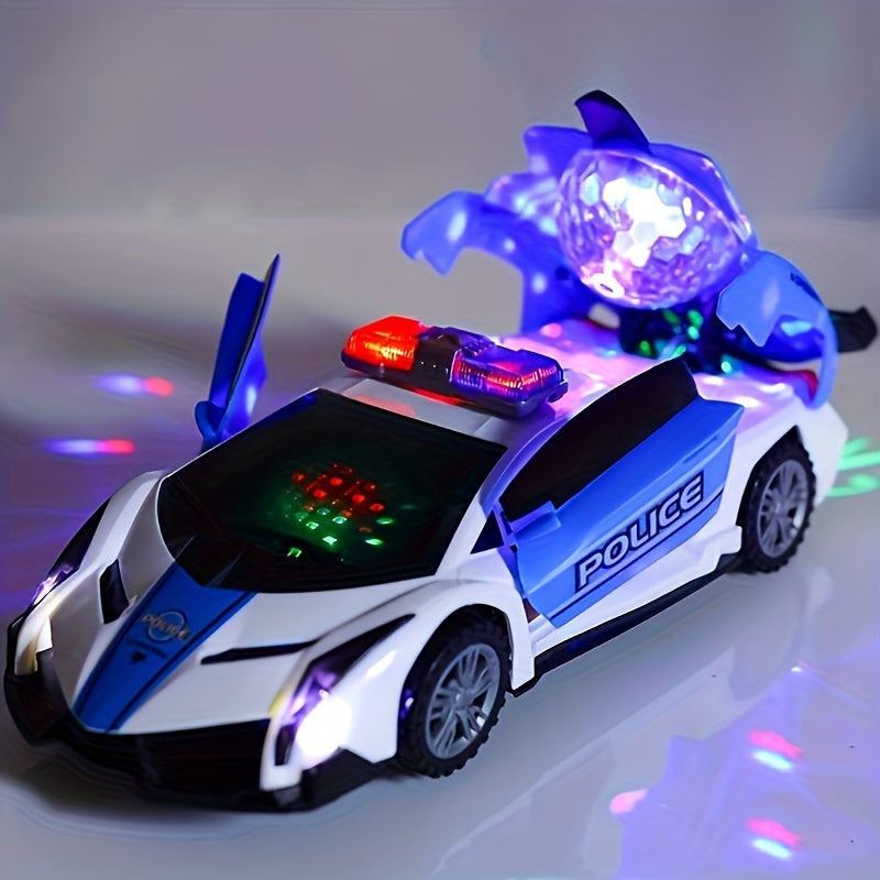 '- Birthday gift for kids: 1pc Blue Police Car Toy with 360° Rotating Transformable Design
- Battery-powered toy with automatic rotary door opening
- Features electric lights, music, and safe voltage of ≤36V
- Made of plastic material, ensuring safety for