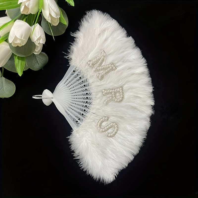 Stylish Bride Handheld Fan with Pearl and Rhinestone Embellishments, 13-inch Plastic White Fan for Weddings, Bachelorette Parties, Bridal Showers, and Honeymoons – Ideal Photo Prop and Gift for the Bride