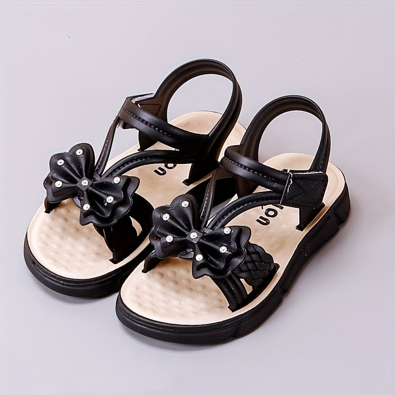 TEEOEC Girls' Sandals with Bowknot - Summer 2024 Collection, Soft Sole Princess Beach Footwear, Breathable Strap, Black/White & Pink/Cream Options, Lowtop Styles