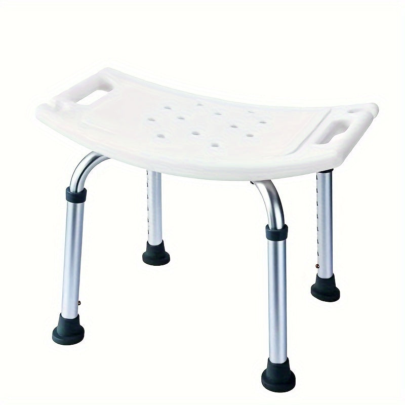 Adjustable shower chair for seniors/disabled with tool-free assembly and non-slip feet. Supports up to 158.76KG.