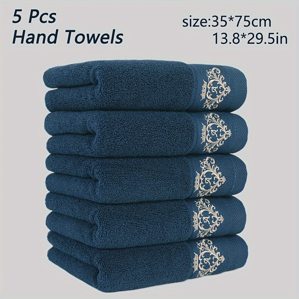 5 soft cotton hand towels with crown embroidery, quick-dry, absorbent, thick (35x75cm) for bathroom, shower, hotel, gym, spa. Available in dark gray, light gray, white, beige, teal blue. Can also be used as bath towels.