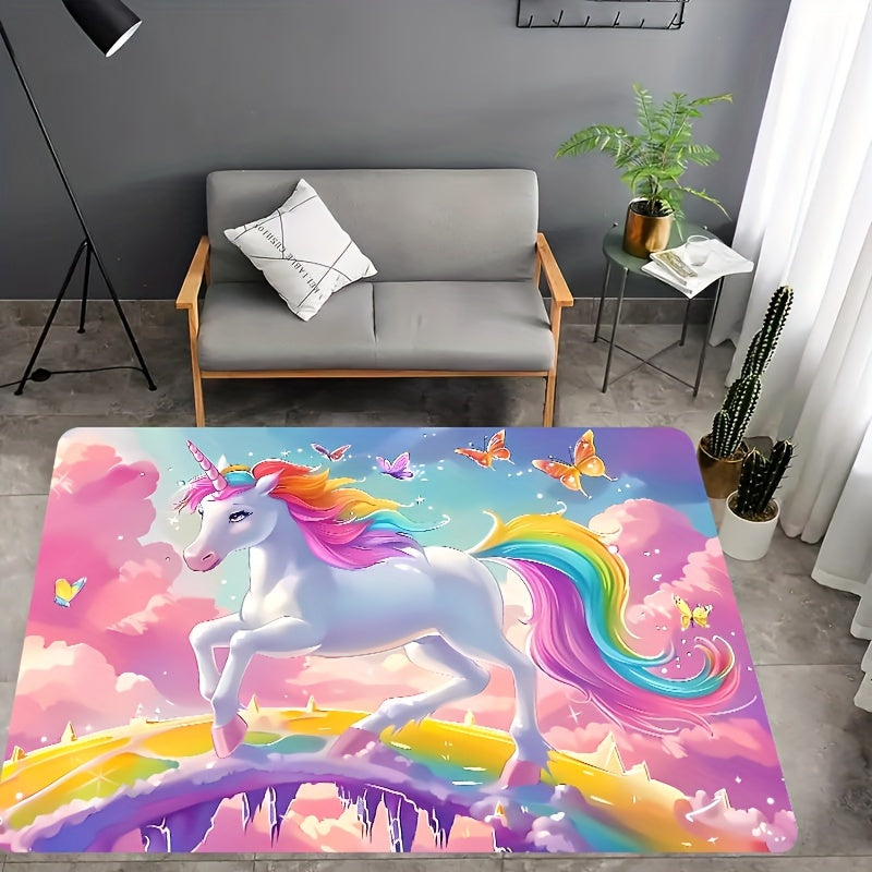 Add a touch of whimsy to your space with the Whimsy Woods Unicorn Area Mat. Made from durable 8mm thick polyester, this cartoon fantasy horse mat is perfect for the bedroom, living room, or entryway. It is machine washable and features a cute unicorn