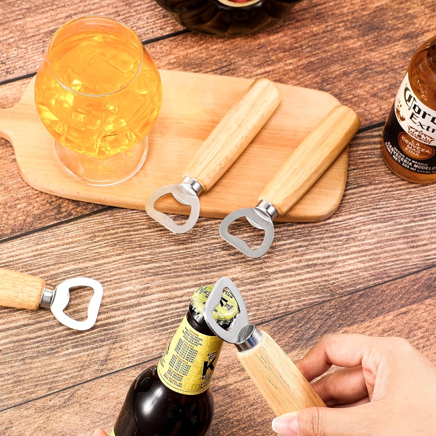 Custom engraved wood handle bottle openers ideal for various occasions, no power needed, perfect for gifting and promotion at events. Great for Christmas and Oktoberfest.