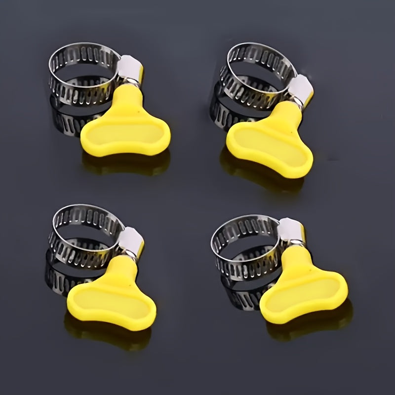 Twist-On Hose Clips: 12 Stainless Steel Clamps with Yellow Plastic Handles, Ideal for Plumbing and Automotive Repairs.