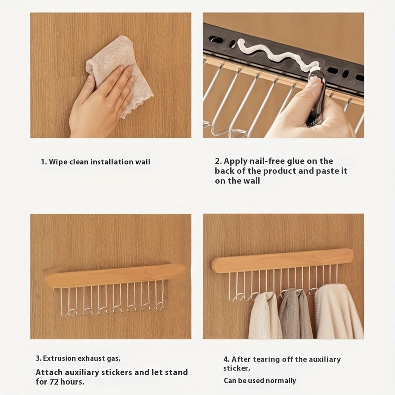 High-quality polished wood wall hanger featuring pull-out hooks for convenient storage of underwear and vests. This space-saving closet organizer includes a metal rod, perfect for use in the home or kitchen to keep your clothes organized.