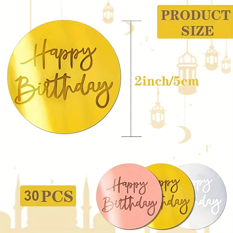 30 Happy Birthday Cake Topper made of mirror acrylic for DIY cupcake decoration and baking decor. Ideal for birthday parties and dessert table.