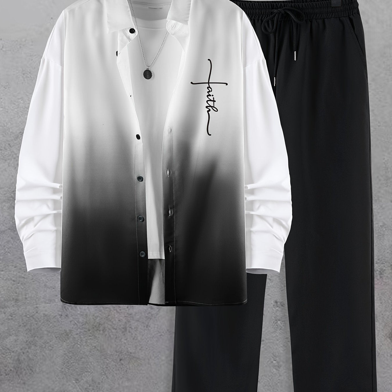 Men's Fashion Set with Gradient Print Collar Shirt and Pants