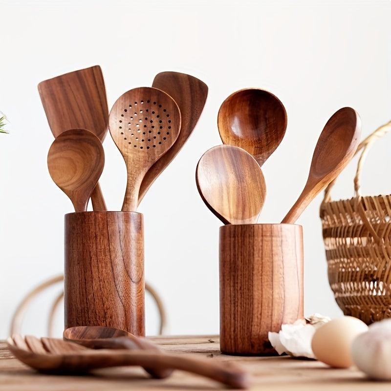 High-Quality Kitchen Utensil Set made from Premium Teak Wood - Comes with Spatula, Ladle, and More - Ideal for Home and Restaurant Cooking