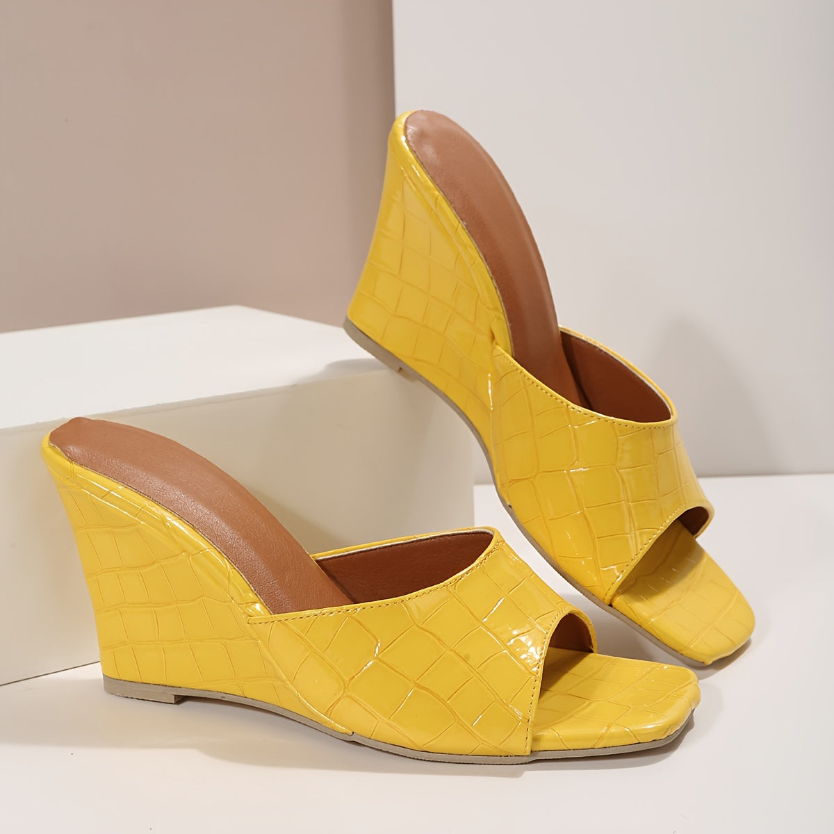 Women's slip-on wedge sandals with square toe and solid color high heels, perfect for a fashionable night out.