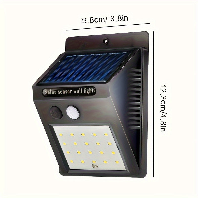 Solar wall light with motion sensor, 3 lighting modes, auto dark activation, rechargeable battery, ideal for outdoor areas.