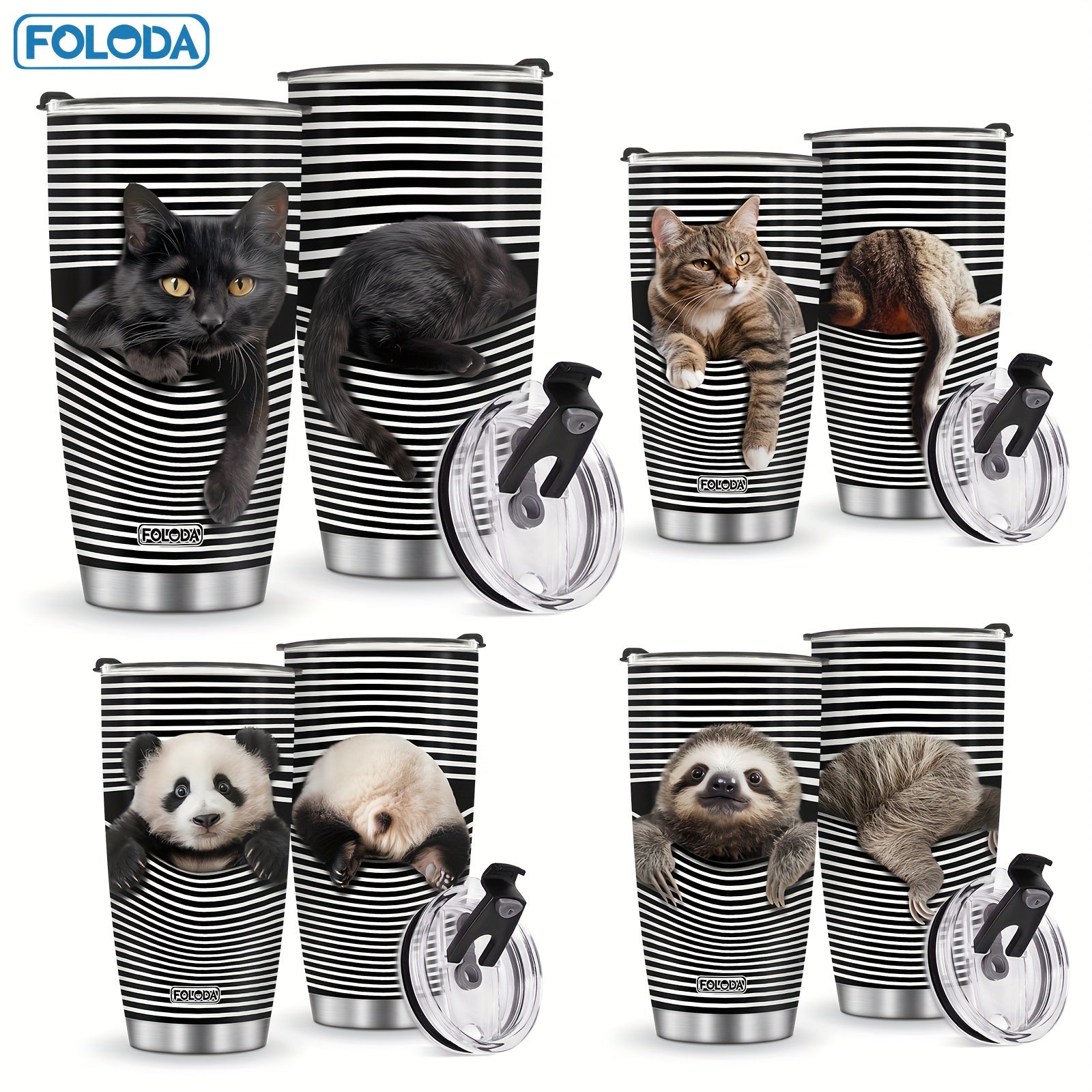 20oz stainless steel tumbler with lid, insulated and leakproof, featuring cat, panda, and sloth designs. Ideal gift for Christmas, birthdays, and Mother's Day.