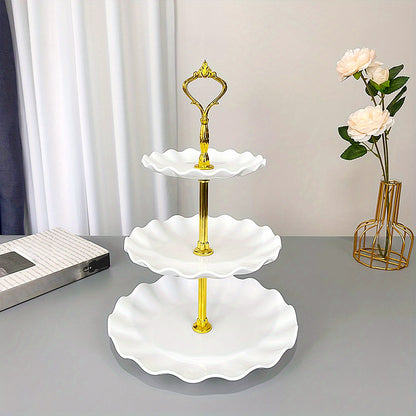 Elegant 3 tier cupcake stand with ruffled or lacy design perfect for tea parties, weddings, and more. Ideal for decorating and serving desserts at any occasion.