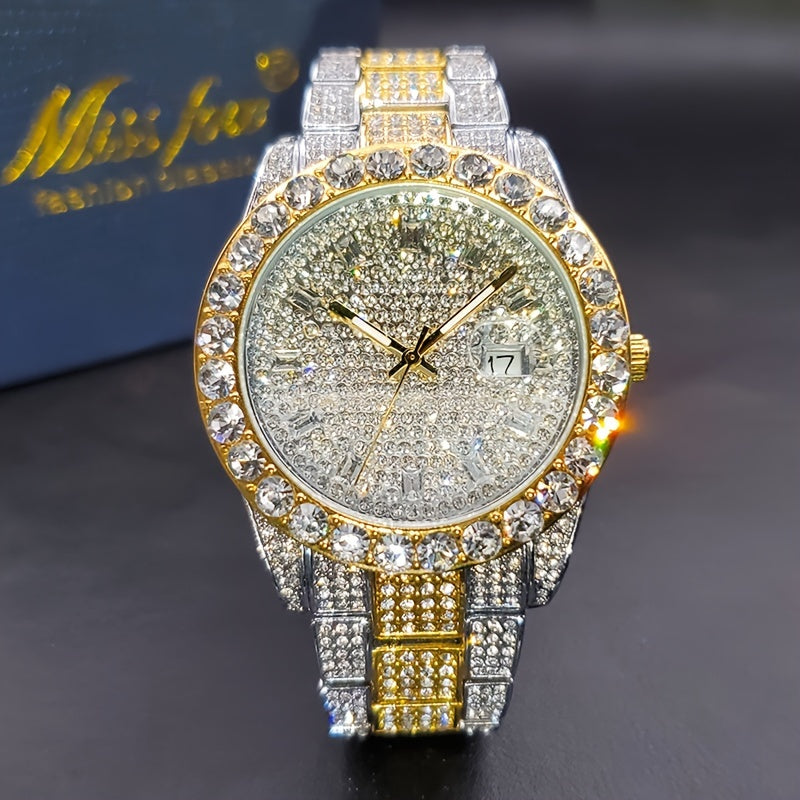 Luxury men's watch with luminous hands, large diamond, quartz movement, and hip-hop rock fashion design.