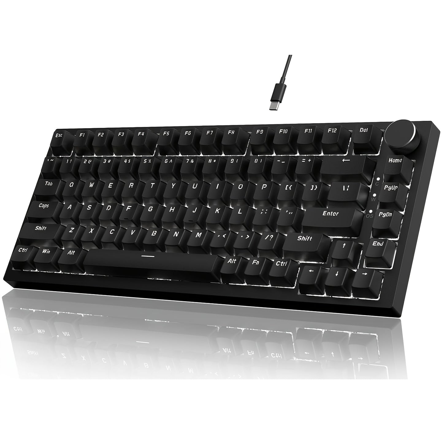 The AK820 is a 75% wired mechanical gaming keyboard with a knob, hot-swappable sockets, sound-absorbing foam, gaskets, 82 keys, white LED backlighting, NKRO red switches, and is compatible