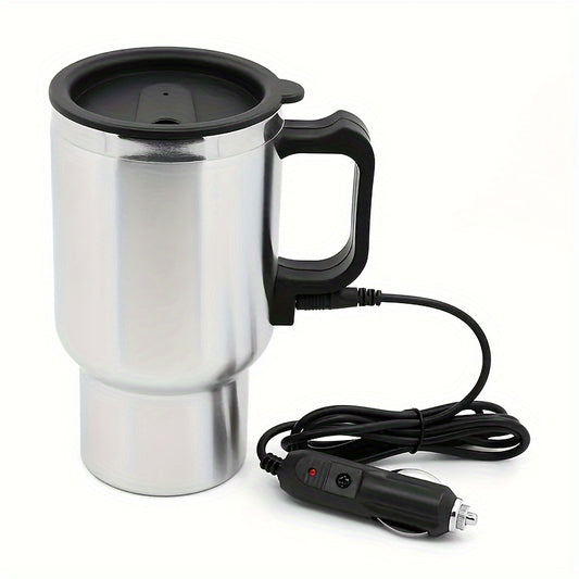 Stainless steel car electric heating cup with handle and lid, 12V/24V compatible for hot beverages on the go.