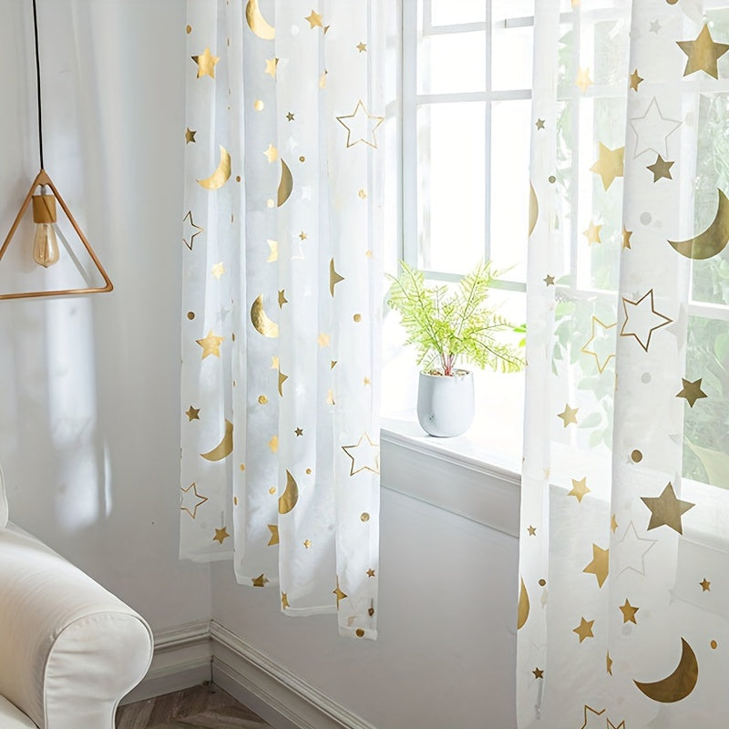 White tulle curtains with shiny silver and golden stars moon cartoon design, perfect for kids' room. Can also be used as modern and cute window treatment sheers for living room or bedroom. Features 1PC rod pocket top for easy hanging.