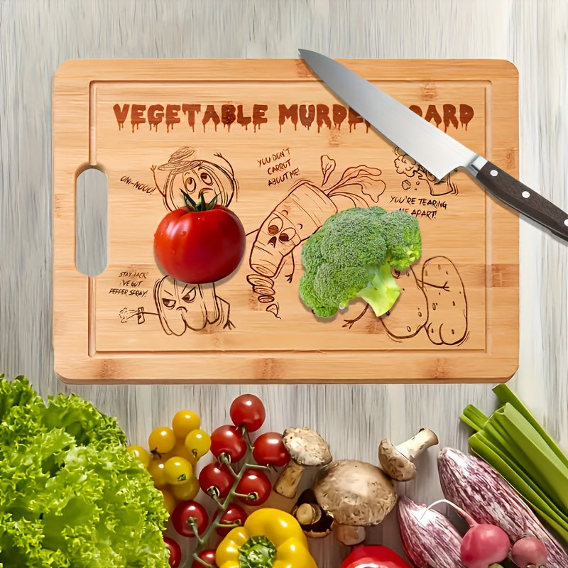 Engraved Bamboo Cutting Board with a Humorous Vegetable Murder Design - Non-Stick Chopping Board for Independence Day, Manual Kitchen Decor, Perfect Christmas Housewarming Gift