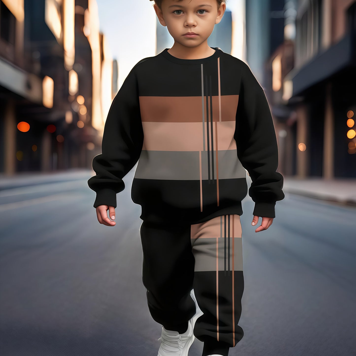 Boys' 2-piece sports suit with striped sweatshirt and joggers. Comfortable fabric, ribbed hem, perfect for outdoor activities in spring and autumn.