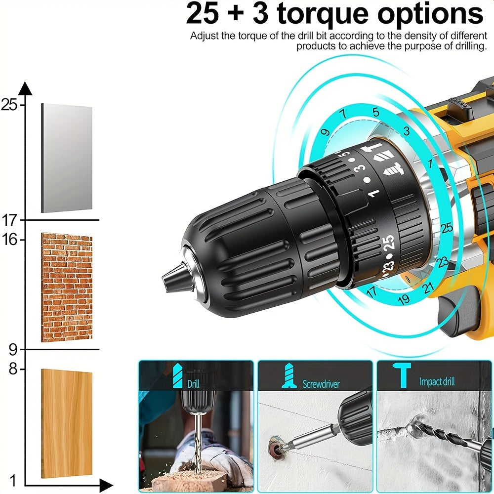 Jemi Tool 21V Cordless Drill Set with 23pcs and 3/8" Keyless Chuck, featuring 25 3 Clutch Drill with Work Light, Max Torque 45Nm and 2 Speeds.