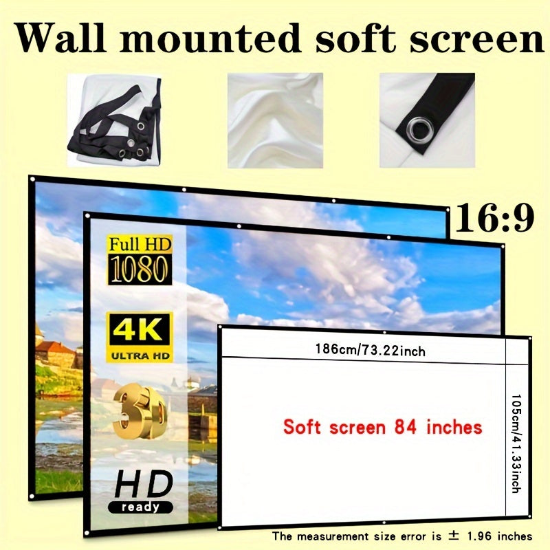 Two-sided projection screen with 4K resolution, available in various sizes for space-saving convenience. Easy to clean and can be ironed, suitable for bedrooms, living rooms, and large