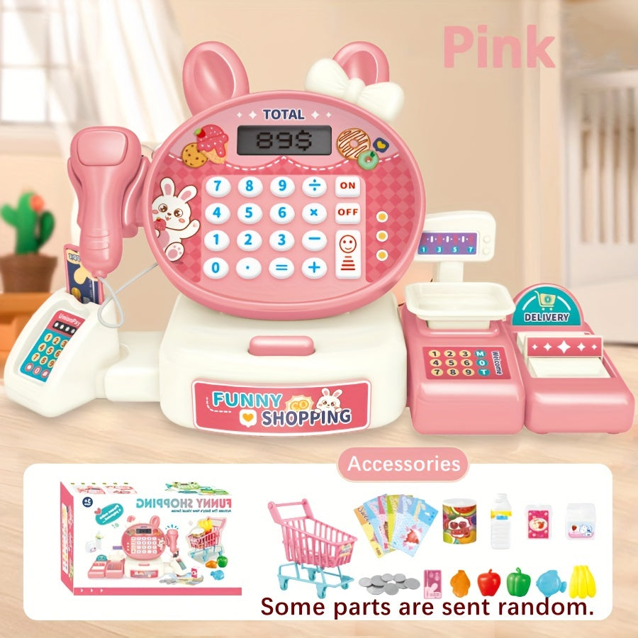 Mini cash register pretend play set with scanner, credit card, and supermarket interaction toys. Some parts may be sent randomly. Great for winter and New Year.