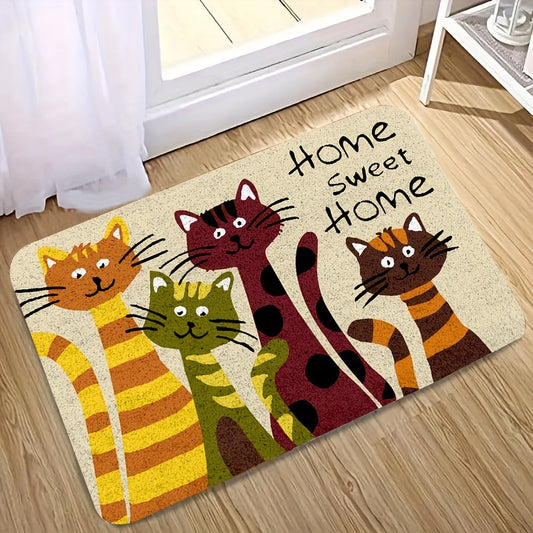 Adorable Cartoon Cats Doormat - Featuring Machine Washable Polyester Material and Non-Slip Backing - Stylish Flower Pattern Ideal for Living Room or Bedroom Décor