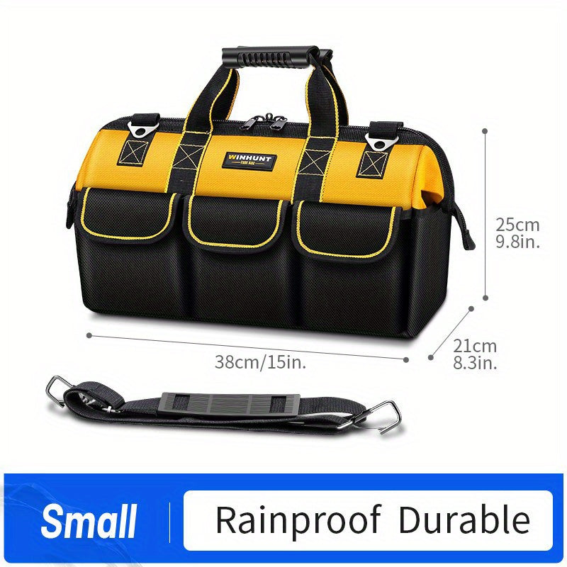 WINHUNT Electrician's Tool Bag - Durable canvas, many compartments, black & yellow, polyester, for tools, fishing gear, woodworking.