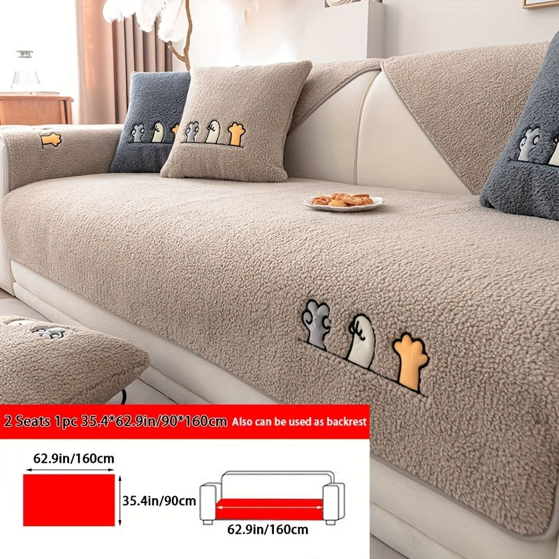 Plush Shearling Sofa Cover with Animal Embroidery - Pet-Friendly, Non-Slip Protector for All Sofa Sizes - Soft Decor for Living Room, Bedroom, Office.