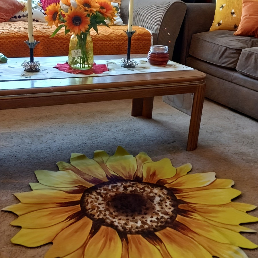 Upgrade your space with our Vibrant Sunflower-Inspired Area Mat! Made from soft polyester, this machine washable mat is perfect for the living room, bedroom, cloakroom, and more. Add a pop of color to any space with this stylish rug, perfect for